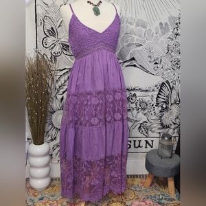 David Long Lace Purple Tiered Dress "Abito Lungo In Pizzo" Small